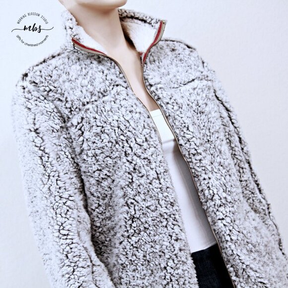 Cabin Fever by Ramatex Full Zip Fleece Sherpa Pockets Jacket Gray White Women S - Picture 7 of 11